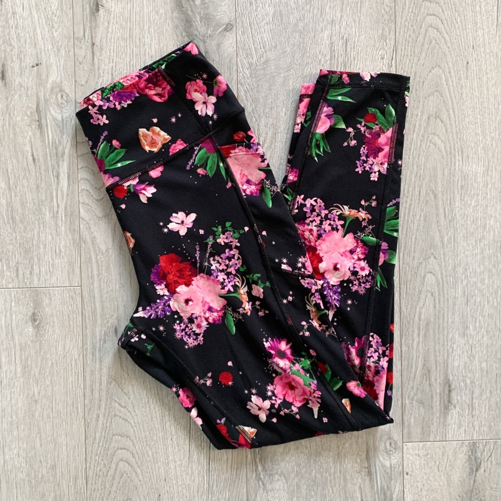 Victoria's Secret Black Leggings with Pink Floral Design